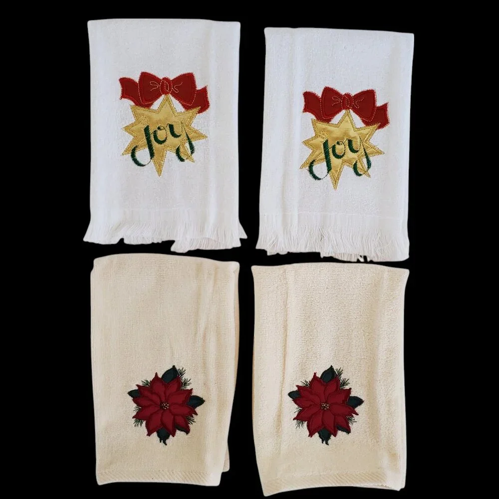 Christmas Holiday 4 Fingertip Guest Towels Applique Poinsettia Star White Cream